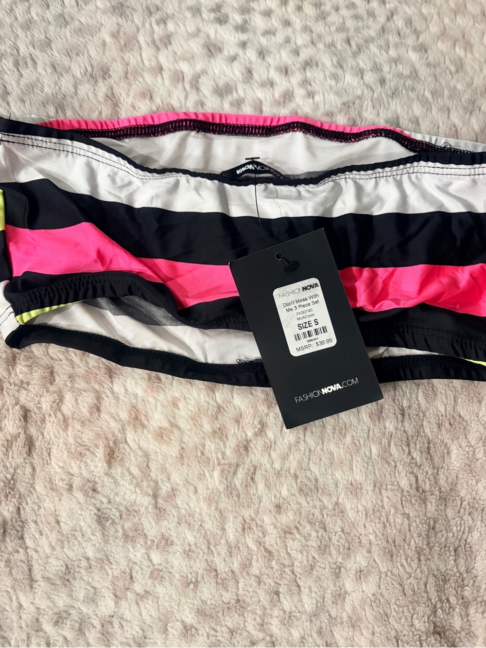 Fashion Nova Black, Hot Pink & White Striped Bandeau Bikini Top with Neon Accent